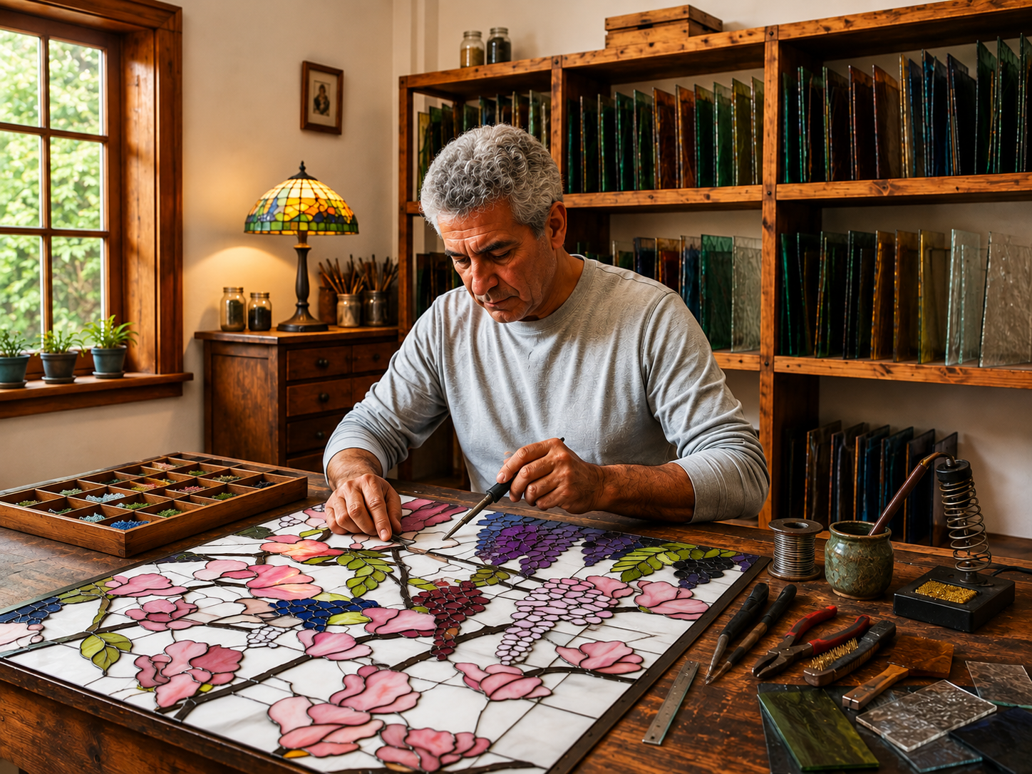 Alexander Shahin creating handmade Tiffany stained glass
