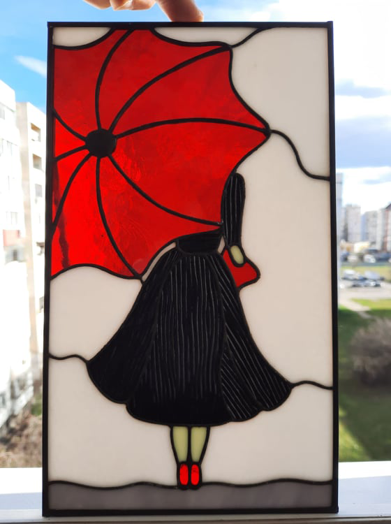 The Red Umbrella — Handmade Tiffany Stained Glass Panel