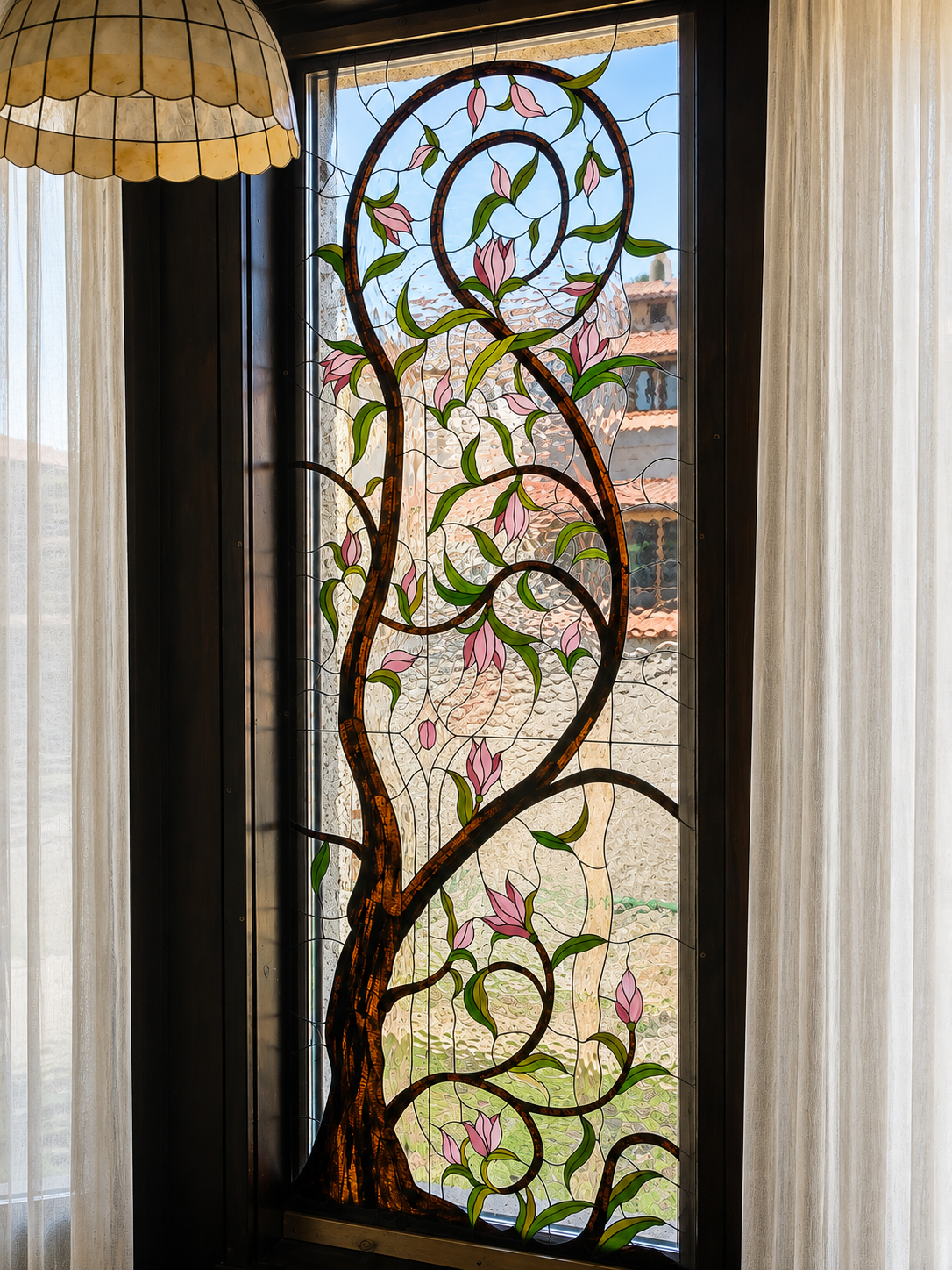 Magnolia Vine handmade Tiffany stained glass window